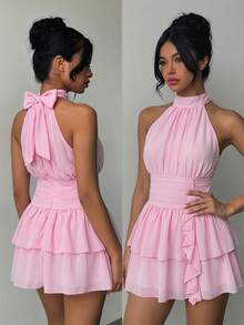 Teen Girls' Sophisticated Pink Halter Neck Chiffon Mini Dress, Ruched Waist & Ruffle Hem Detail, Unique Fairy Short Dress For Daily & Party Wear - Pink - View 3
