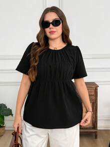 SHEIN LUNE 大尺碼夏季休閒純色短袖襯衫 - 黑色 - 查看 3