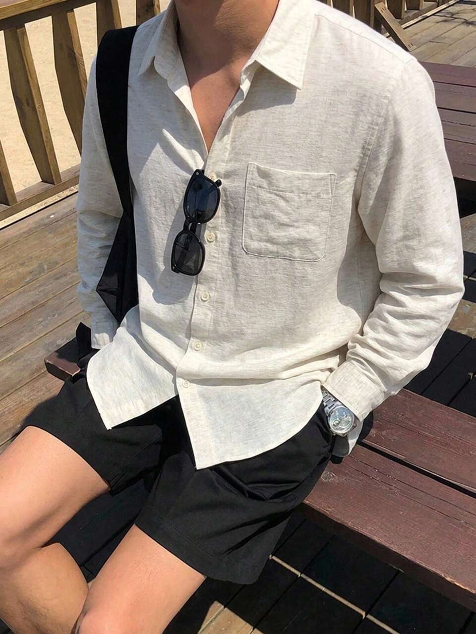 Long Sleeve Solid Color Khaki Loose Fit Men's Shirt