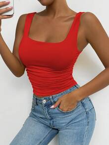 Allurite Summer Casual Solid Color Square Neck Ruched Camisole For New Year Clothes - Red - View 6