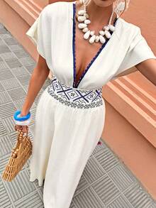 Selianne Standard Size Women's Deep V-Neck Contrast Lace Patchwork Embroidered A-Line Casual Vacation Dress, Spring/Summer - Apricot - View 7