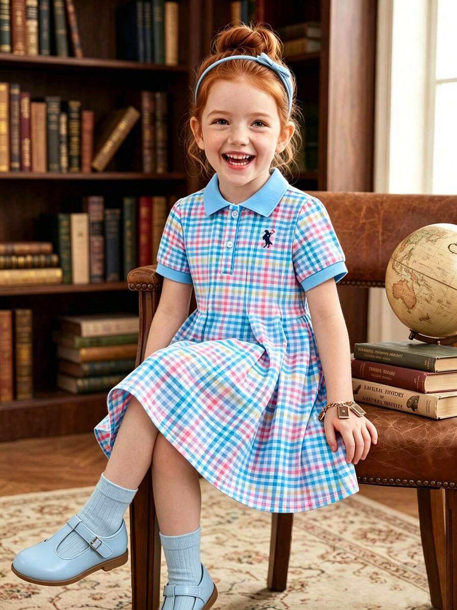 Souflis Souflis 法式風新夏季女童幼兒輕盈多色格紋短袖對比色POLO領洋裝,胸前飾有精緻圖案,適合外出、上學及其他場合 - 彩色 - 查看 1