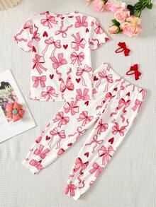 SHEIN Piyama Anak Perempuan Motif Kartun, Kerah Bulat Berkerut, Lengan Pendek, Celana Panjang, Lembut dan Ramah Kulit, Set 2 Potong, Potongan Slim Fit - Berwarna merah muda - View 2