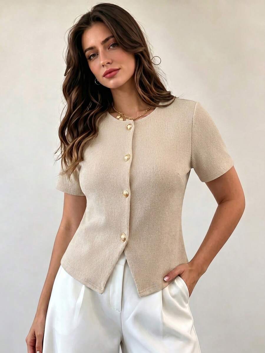 SHEIN Privé 女士纯色休闲短袖薄款开衫,秋季女装,返校季,教师装,商务休闲女装,女士纯色V领纽扣装饰优雅时尚马甲,商务休闲女装通勤简约气质办公室夏季马甲杏色优雅外出上衣,上学上衣,秋季女装休闲装 - 杏色 - 查看 1