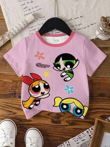 THE POWERPUFF GIRLS X SHEIN 少女圓領卡通印花休閒百搭日常出遊短袖T恤 - 白色 - 查看 8