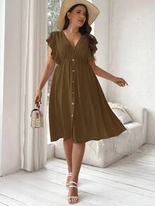 Vionelle Vestido con botones y volantes talla grande - Café integral - Ver 5