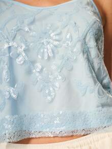 Willow Rêve 女款藍色刺繡串珠細肩帶上衣，休閒度假風，波西米亞風格，派對穿搭 - 藍色 - 查看 1