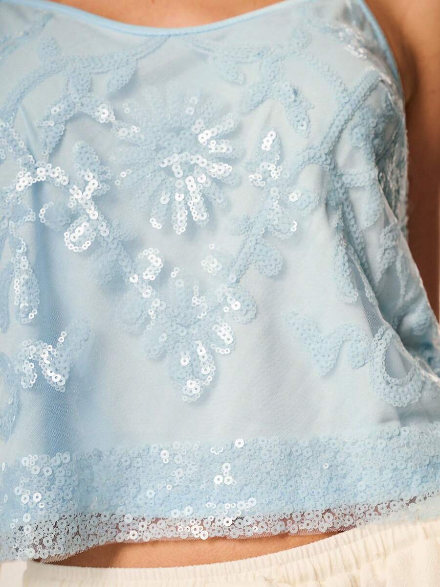 Willow Rêve 女款藍色刺繡串珠細肩帶上衣，休閒度假風，波西米亞風格，派對穿搭 - 藍色 - 查看 1