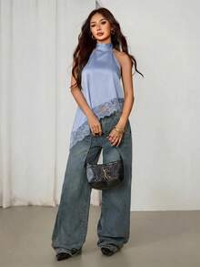 SHEIN PETITE 不對稱高領掛脖上衣 蕾絲飾邊 晚宴派對款 - 淺藍色 - 查看 7