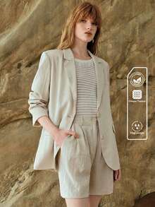 SHEIN Women's Linen Solid Color Lapel Long Sleeve Casual Blazer Jacket, Suitable For Commuting And Outdoor, Spring/Summer - Apricot - View 3