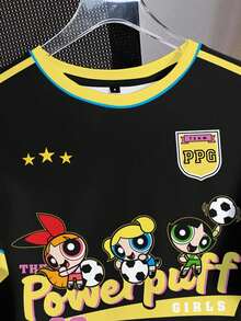 THE POWERPUFF GIRLS X SHEIN 女士撞色圆领短袖可爱卡通印花休闲T恤 - 白色 - 查看 4