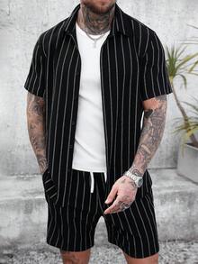 Manfinity CasualCool 加大码男士提花条纹短袖衬衫和短裤套装 - 黑色 - 查看 4
