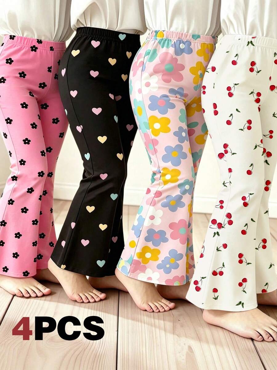 4pcs/Set Girls Toddler Pants, Spring Summer Autumn, Fashion Creative Personalized Fresh Colorful Floral Small Heart Small Cherry Pattern Print Casual Style Basic Bottoms Flared Pants - Multicolor - View 1