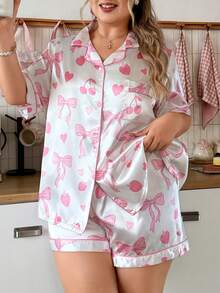 Slumberry CURVE Plus Size Sweet Cute Ins Strawberry Bow Fruit Print Lapel Button-Up Satin Pajama Short Sleeve Shorts Set - Multicolor - View 4