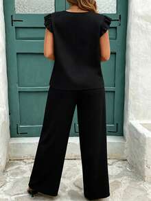 Reflora Casual Smart Casual Vacation Black Fabric Plus Size Round Neck Ruffle Short Sleeve Loose Pants Two Pieces Set Suitable For Summer Black Set Vacation - Black - View 2