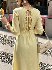 Yasmyna Round Neck Back Hollow Pearl Embellished Waist-Cinched Yellow Arabian Dress - Yellow - View 3