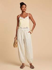 Travachic Women's Casual Solid Color Loose Elastic Waist Long Pants - Apricot - View 3