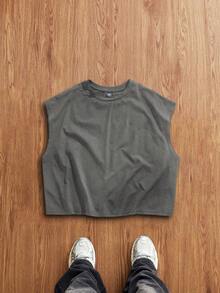 Manfinity Joysei Men's Rhinestone Slogan Logo Dark Gray Ultra Loose Cropped Tank Top - Dark Grey - View 2
