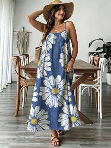 SHEIN VCAY 大尺碼女款度假休閒向日葵印花洋裝 - 彩色 - 查看 4