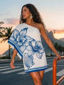 CAJUNI Women's Floral Print One Shoulder Casual Date Party Mini Dress - Blue and White - View 6