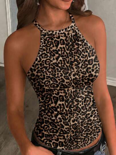 Slaydiva Women's Sexy Leopard Print Halter Neck Top For Summer