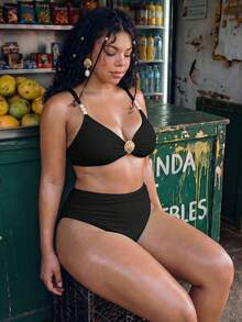 Swim Mod Plus Size Women 2pcs Solid Color Shell Decor Top High Waist Triangle Bikini Set Cute Beach Vacation Minimalist Daily Swimsuit - Black - View 4