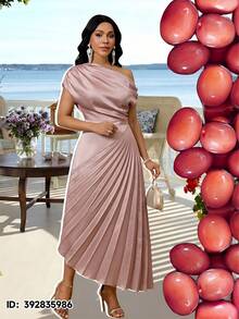 SHEIN Lady Elegant Pink Plus Size Midi Dress For Women With V Neck And Regular Short Sleeves Perfect For Formal Events - Pink - View 7
