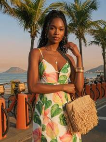 CAJUNI Women's Leaf Print Casual Tropical Vacation Daily Outing Beach Mini Strap Dress White Summer - Multicolor - View 7