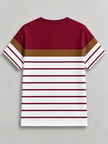 Azurnel Men's Crew Neck Short Sleeve Striped Color Block T-Shirt - Red - View 3
