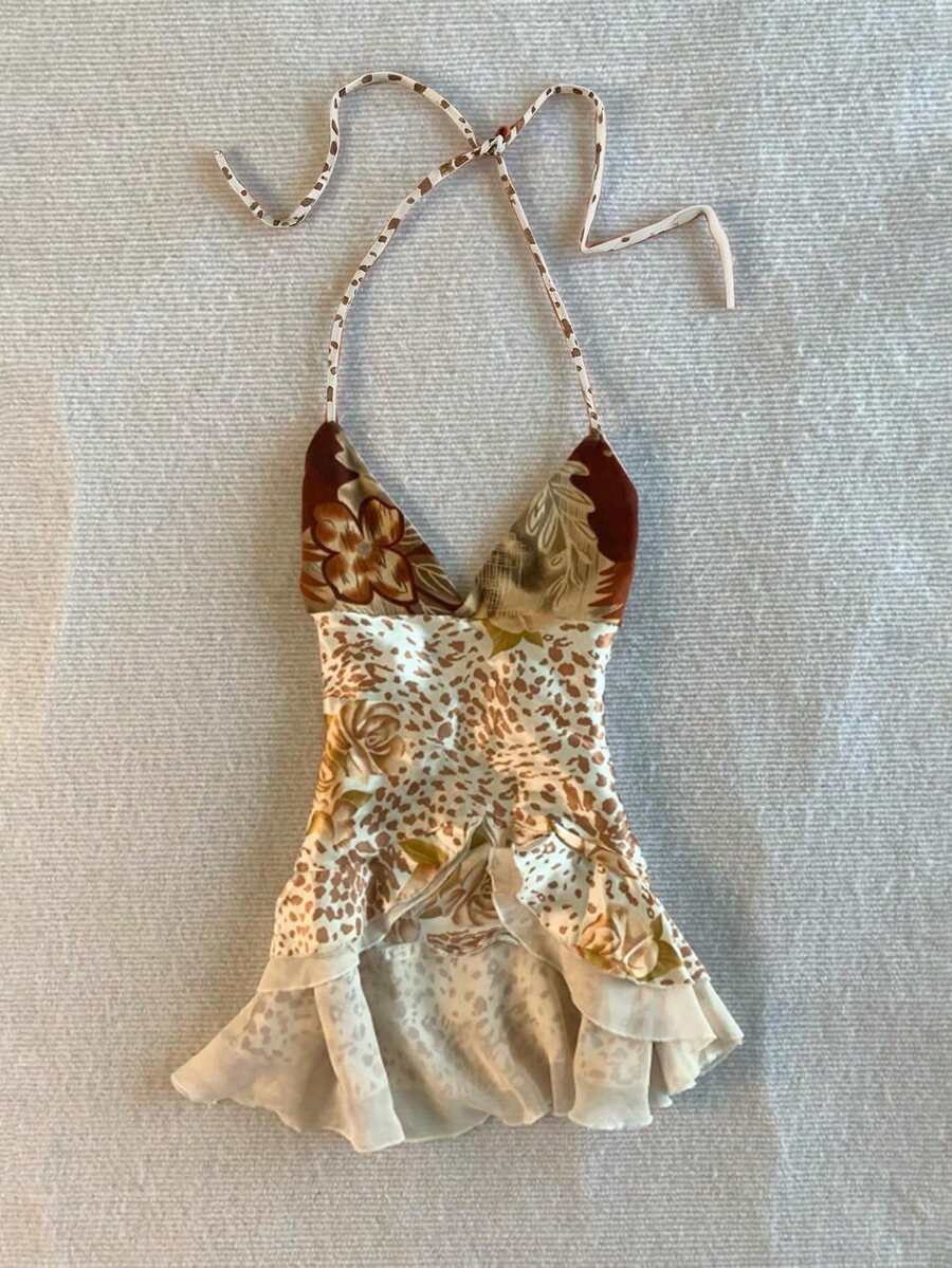 Celisse Vintage Sexy Leopard Print Multi-Color Patchwork Asymmetrical Layered Hem Halter Neck Tank Top - Multicolor - View 1