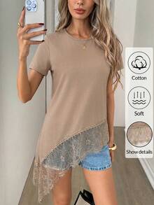 Easowa Spring/Summer Cotton Khaki Round Neck Short Sleeve Lace Patchwork Asymmetrical Hem Women's T-Shirt Brunch Casual - Khaki - View 4