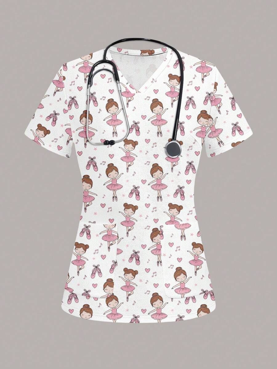 PopScrub Atasan Seragam Medis Wanita Motif Balet Lucu, Cocok untuk Anak-anak dan Rumah Sakit Hewan Peliharaan - MultiWarna - View 1