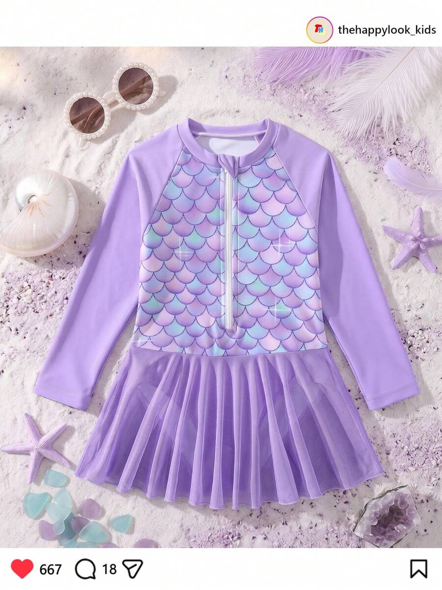 SHEIN THE HAPPY LOOK 少女魚鱗印花插肩袖長袖拉鍊設計休閒連身泳衣 - 紫色 - 查看 1
