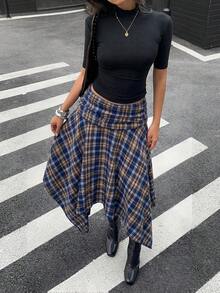 Aloruh 女款春夏新款低腰格紋不對稱下擺喇叭裙，復古街頭風 Y2K 風格 - 彩色 - 查看 6