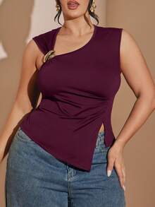 SHEIN BAE Atasan Rajut Wanita Ukuran Besar Warna Hitam dengan Hem Asimetris dan Dekorasi Metalik - Burgundy - View 7