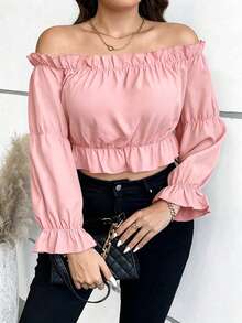 Vionelle Blusa corta con hombros descubiertos, mangas con volantes, ribete de volantes y top peplum talla grande - Rosa coral - Ver 4