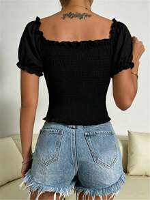 Breezaya Blus Wanita Kasual Musim Panas Warna Polos Lengan Mengembang - Hitam - View 2