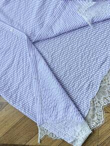 Teen Girl Minimalist Casual Elegant Textured Blue & White Striped Contrast Lace Blouse Fall/Winter - Blue and White - View 9