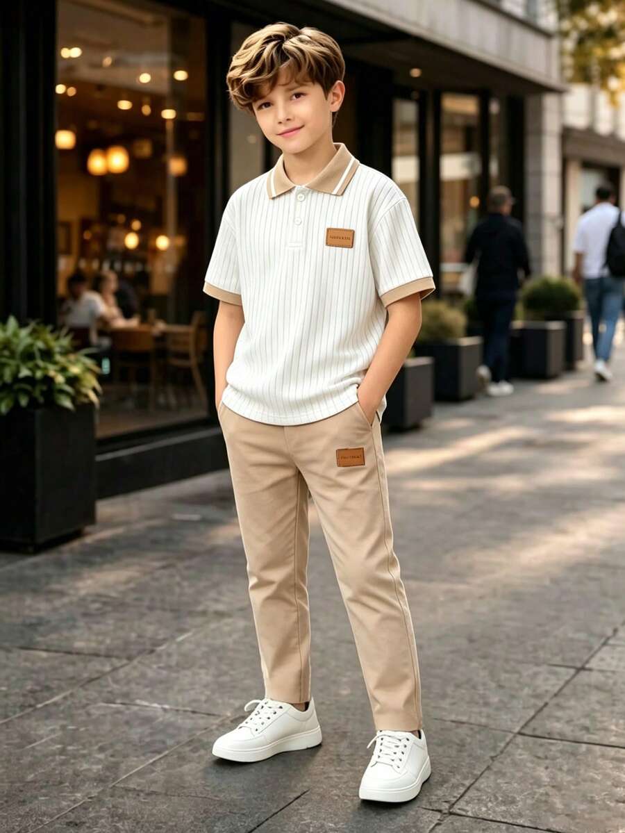 SHEIN 2件組 青少年男孩紳士套裝 短袖POLO衫 + 長版西裝長褲 優雅正式穿搭 生日派對 晚會演出 婚禮 洗禮 首週歲 畢業禮 花童 戒童 - 卡其色 - 查看 1