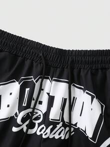 ROMWE MEN Street Life Celana Pendek Kasual Pria dengan Motif Garis Huruf dan Tali Serut di Pinggang - Hitam - View 8