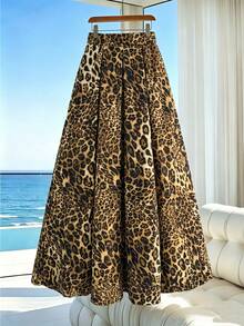 EMERY ROSE A-Line Fold Pleated Leopard Print High Waist Skirt - Brown - View 4