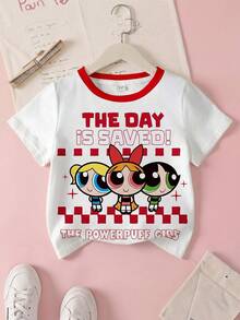 THE POWERPUFF GIRLS X SHEIN 少女休闲日常通勤百搭可爱花朵图案、泡泡图案短袖白色T恤，夏季 - 白色 - 查看 1