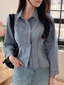 DAZY Light Wash Blue Collared Pocket Loose Long Sleeve Denim Shirt Spring Summer Autumn - Blue - View 6