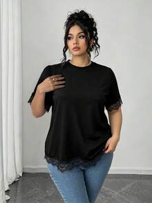 EMERY ROSE Plus Size Women's Vacation T-Shirt With Asymmetrical Back Design And Lace Patchwork Details - Black - View 5