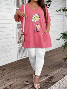 SHEIN CURVE+ Plus Size V-Neck Daisy Print + Pocket Long Loose Casual T-Shirt - Pink - View 3