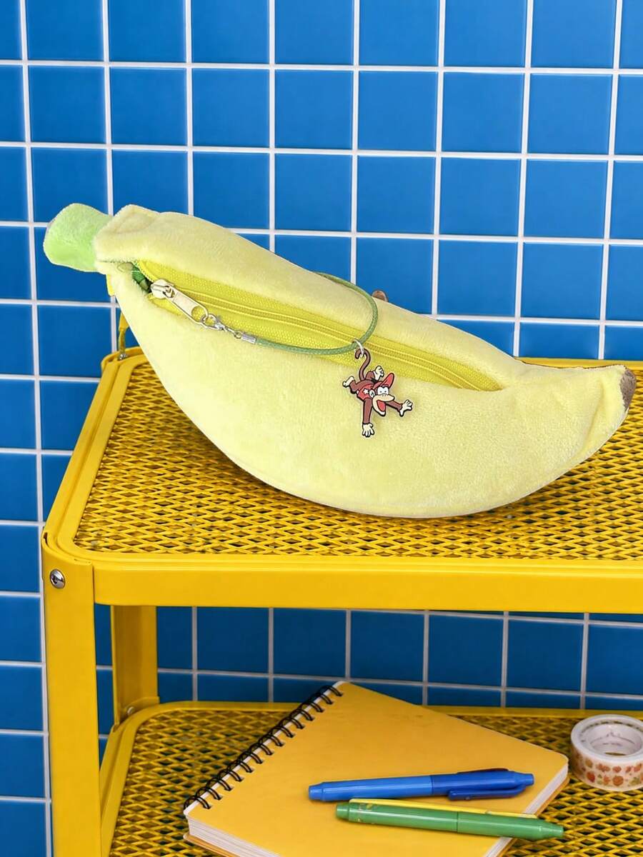 Zazumi 1pc/2pcs Flannel Storage Bag, Banana Plush Pencil Case, Cute Portable Niche Cartoon Multi-Functional Student Stationery Bag - multicolor - View 1