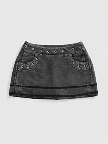ACID BLVD Summer Vacation Y2K Hot Girl Metallic Eyelet Washed Bodycon Mini Skirt - Grey - View 2