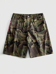ROMWE MEN Pantalones cortos de mezclilla holgados con estampado de camuflaje y bordado floral para hombres - Multicolor - Ver 3