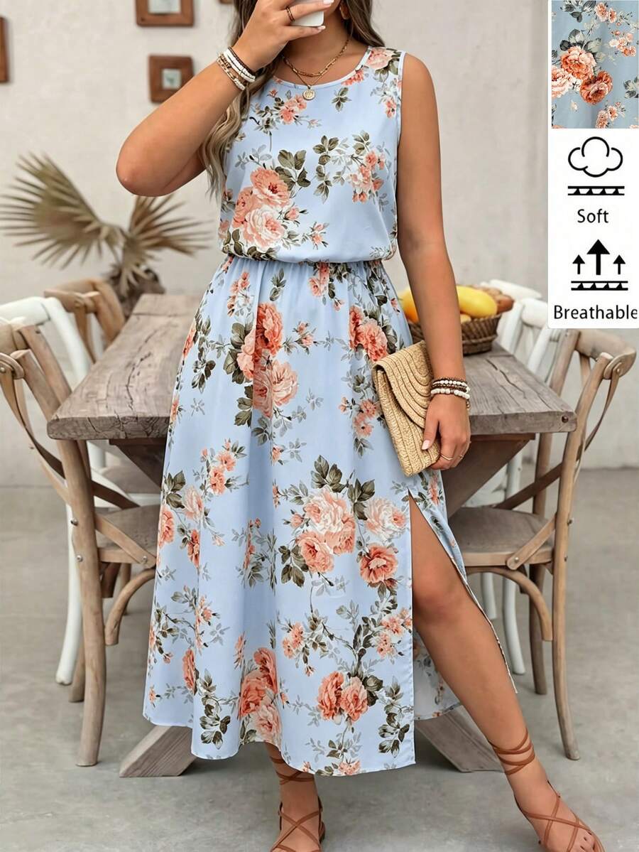 SHEIN LUNE Fresh Sweet Summer Lady Floral Print Elegant Fashion Sleeveless Plus Size Dress - Sky Blue - View 1