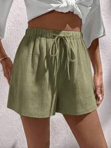 SHEIN Clasi Women's Casual 100 Cotton Woven Shorts Spring/Summer Vacation Sage Green Black 2 Pieces Set - Olive Green - View 5